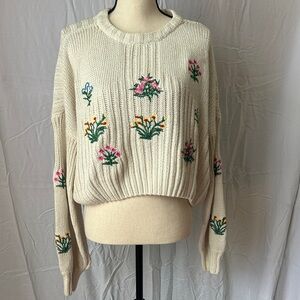 Woven Heart Cream Sweater with Floral Embroidery